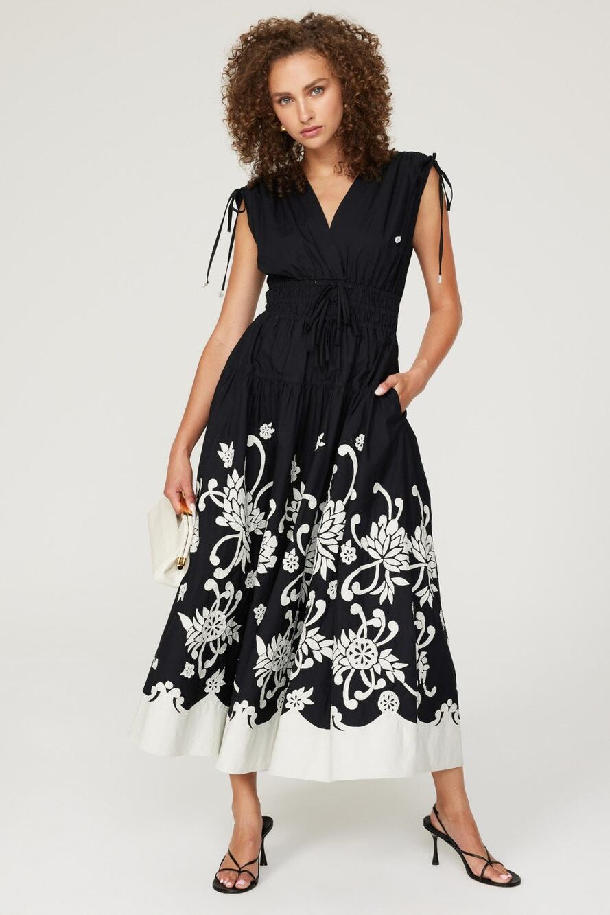 Derek Lam 10 Crosby Fama Black Floral Midi Dress Size 8 V Neck Sleeveless
